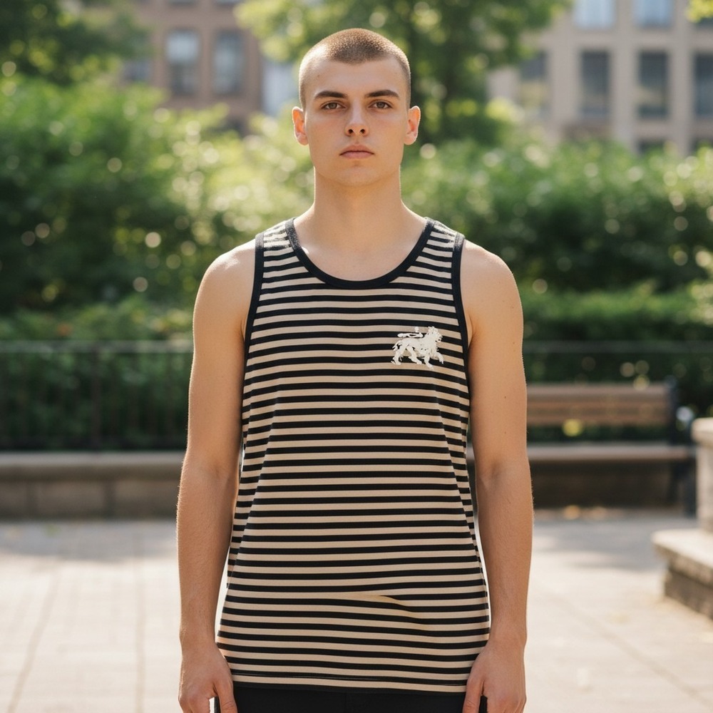 Y2K Stussy Tank Top Medium Tan Black Striped Lion of Judah Graphic Sleeveless
